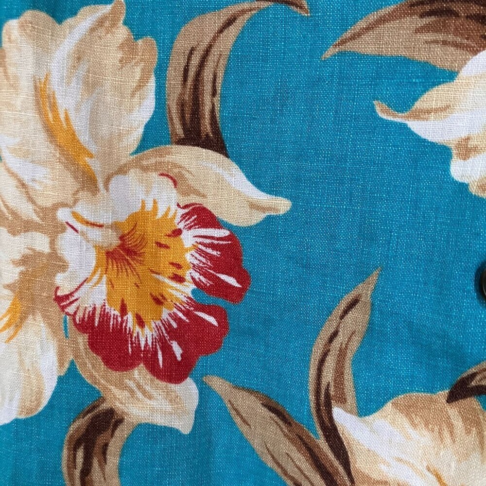 Jones New York Vintage 90s Floral Linen Hawaiian Shirt Small Petite Blue SP EXC - Picture 7 of 11